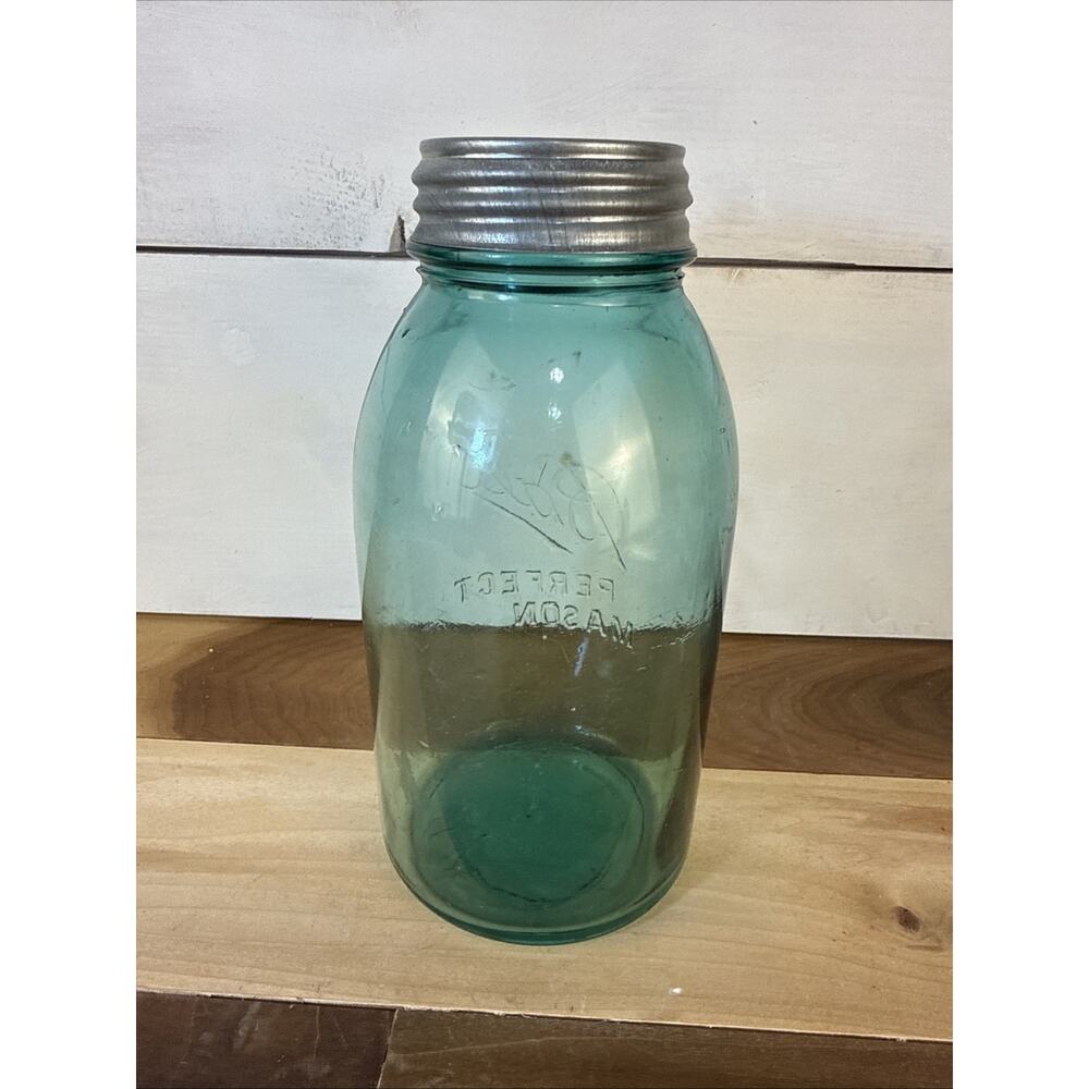 Ball Jar Perfect Mason Off Center #3 RARE 1913-15 Vintage Blue Green 1/2 Gal - Picture 5 of 7